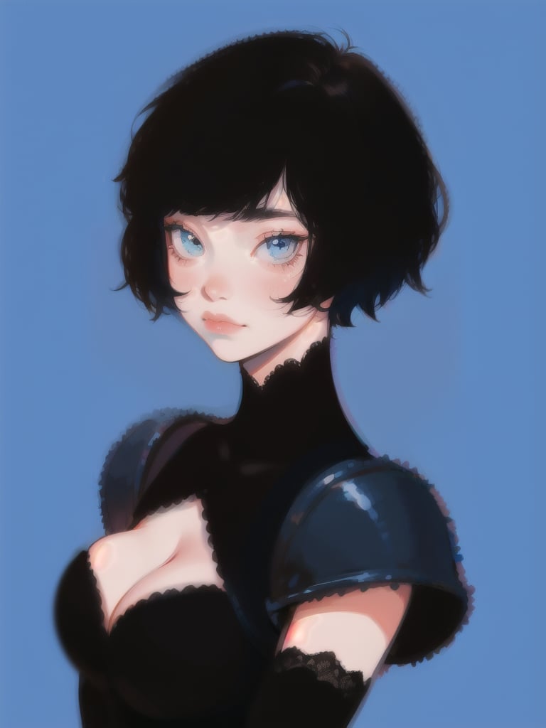 1girl, short hair, upper body, detailed face, simple background, blue background, dress, cleavage, black armor