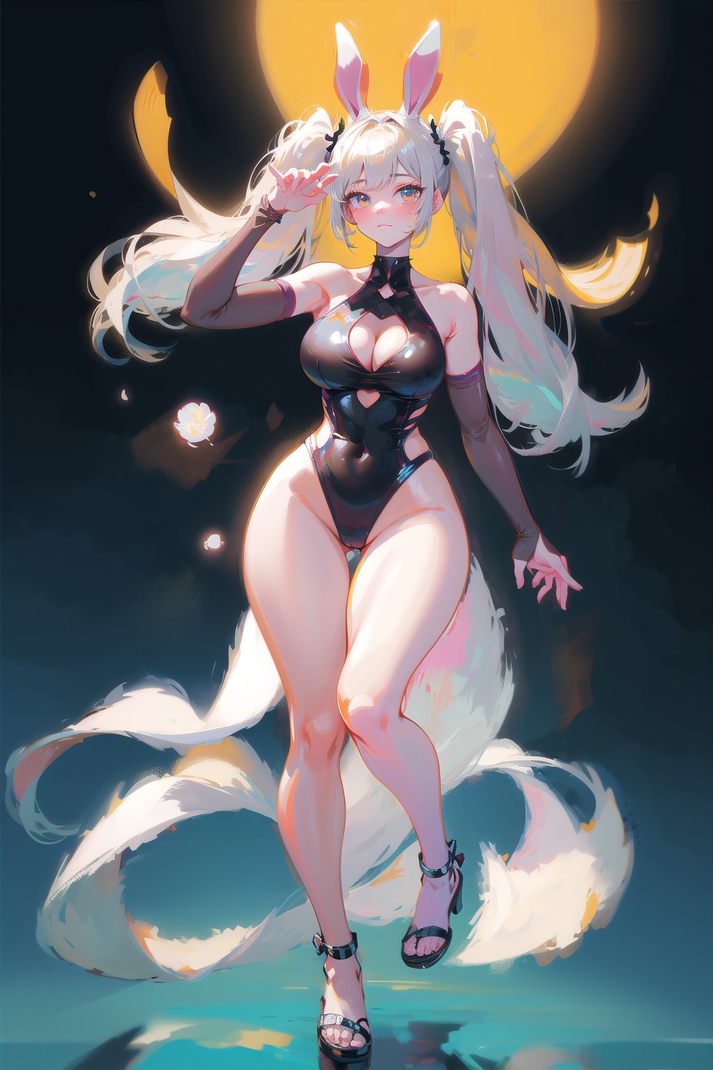 best quality, masterpiece, 1girl, big strong hips, bunny ears, (simple background:1.3), cute, curvy, one piece swimsuit, furry bunny ears, hips, full body, large breats, wide hips, clear skin, thick hips, clean, goddess, beauty, gradient background, simple background, solo, twintails, plae skin smug anime girl, checkered floor