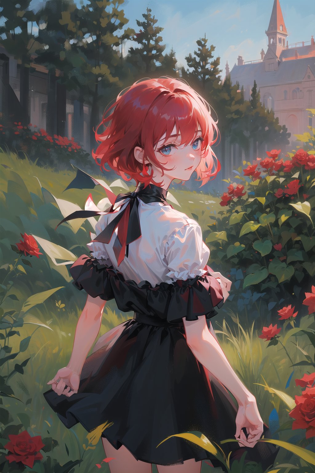 female, (masterpiece,  best quality,  ultra detailed,  absurdres)1.5, white shirt black dress neck ribbon, 1girl short hair, demonictech,  red hair,  bangs,  from behind,  looking_at_viewer, garden, grass, roses and leaves,