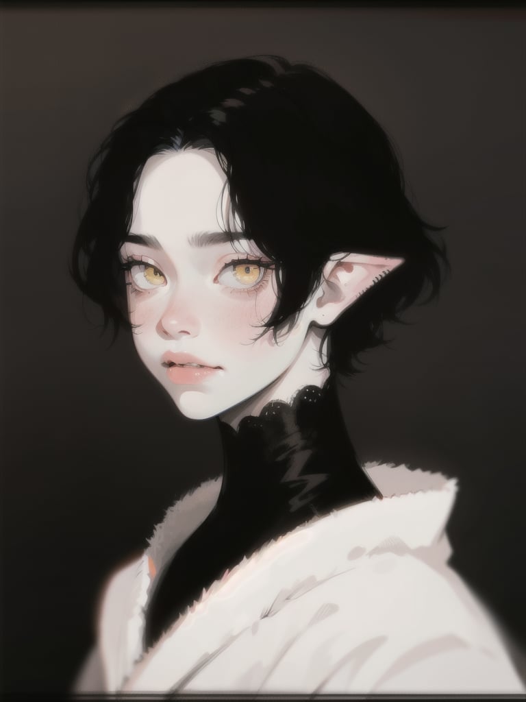 Emet Selch, 1boy, black shirt, bangs, black robe, looking at viewer, male focus, parted bangs, full lips, pale, blush portrait, robe, short hair, upper body, white hair, yellow eyes, dynamic angle, dynamic pose, hades, dark theme, soothing tones, muted colors, elf ears, high contrast, (natural skin texture, hyperrealism, soft light, sharp), exposure blend, medium shot, bokeh, (hdr:1.4), high contrast, (cinematic, black and grey:0.85), (muted colors, dim colors, soothing tones:1.3), low saturation, (hyperdetailed:1.2), (noir:0.7), warrior, dark forrest, big fangs, evil, serious, terrifying, beautiful, sinister, castlevania, (smooth:1.2), prince of darkness, gloomy, old portrait, vectorian vampire, lucifer, portrait painting