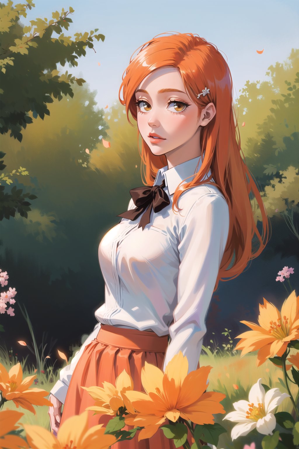 1girl, garden, beautiful, long hair, long skirt, collared shirt, cute, orihime, orange hair, ginger, large breasts, hair clip, hair ornament