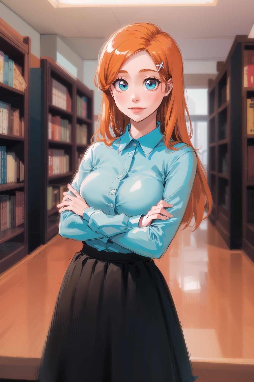 1girl, library, beautiful, long hair, long skirt, collared shirt, cute, orihime, orange hair, ginger, large breasts, hair clip, hair ornament, crossed arms, cute, clear eyes, smile, looking at viewer, black skirt, cyan collared shirt, chubby