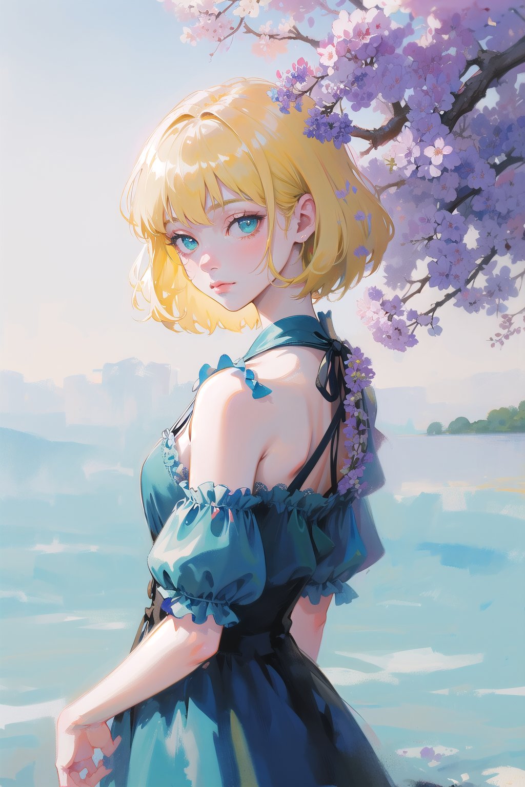 a woman with simple dress, short hair, blonde, global illumination, a photorealistic water painting, in the middle of flowers, long flowers, simple background, subsurface scattering, simple dress, (simple artwork:1.2), simple, (water color:1.2)