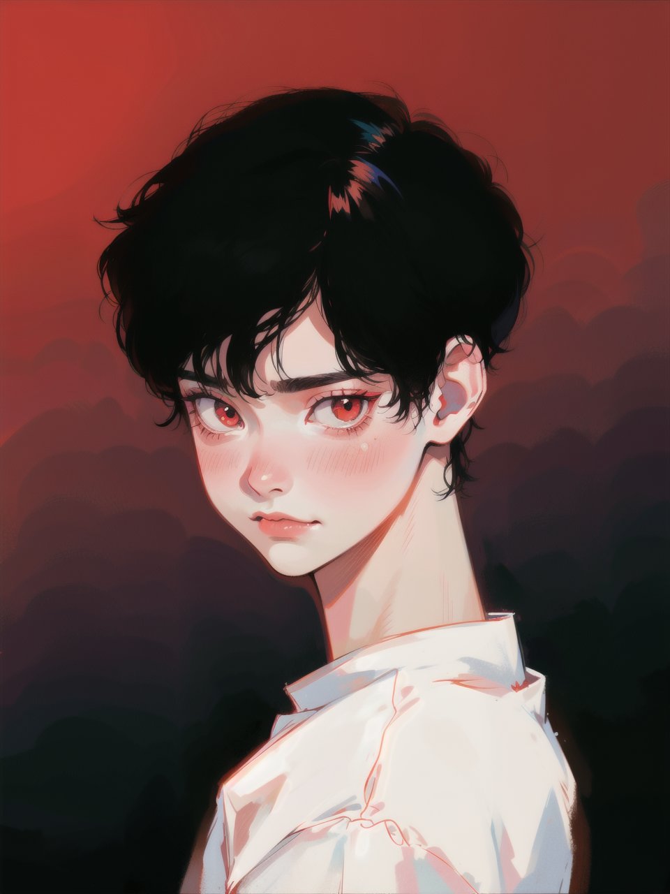 solo, 1boy, closeup, white shirt, black hair, 1990s \(style\), tr90style, simple background, red eyes, victorian, gradient background, vampire, blush, pale, sad