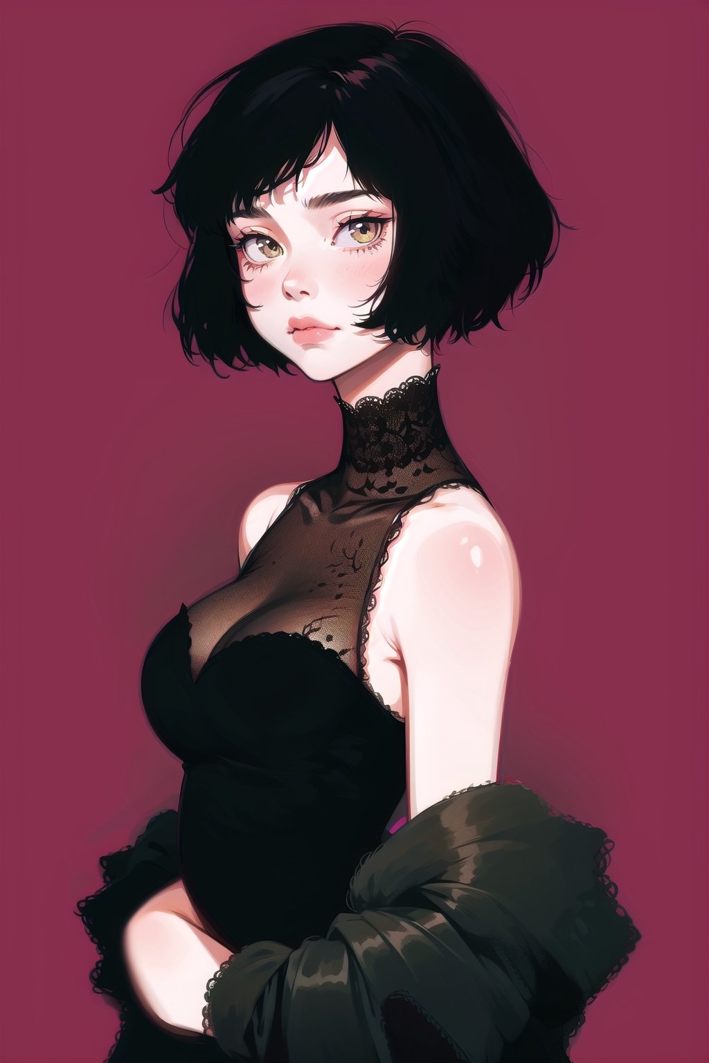 1girl, short hair, upper body, detailed, simple background, large breasts, bare shoulders, sleeveless, black hair, best quality, masterpiece, cowboy shot, intricate design, black victorian dress