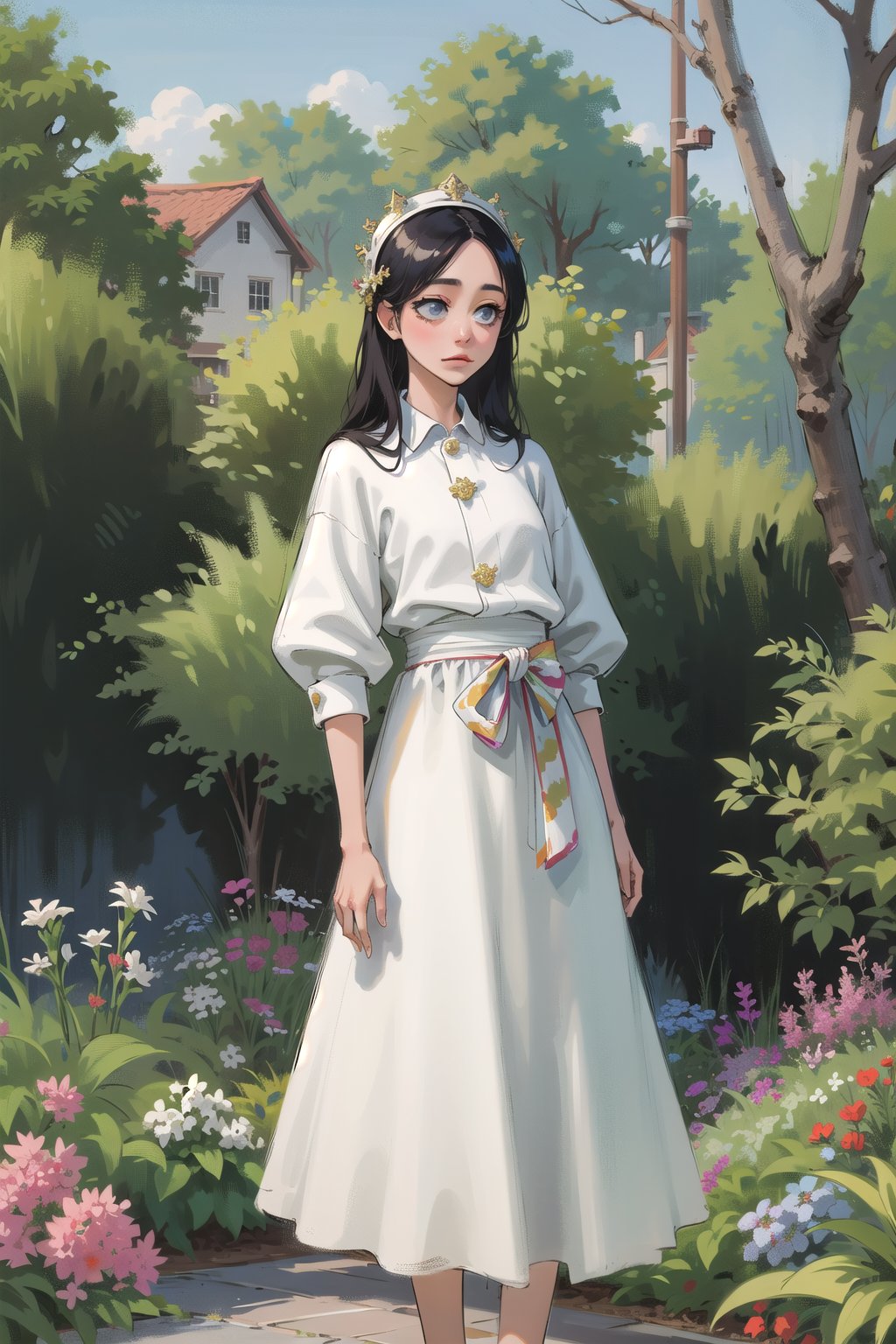 1girl, garden, beautiful, long hair, long skirt, white collare shirt, cute