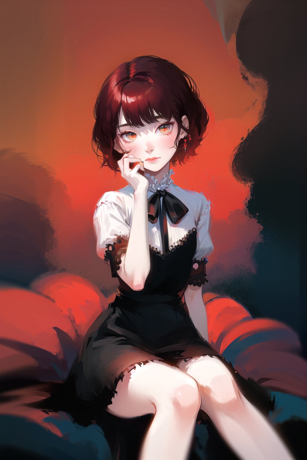 female, (masterpiece,  best quality,  ultra detailed,  absurdres)1.5, white shirt black dress neck ribbon, 1girl short hair, demonictech,  red hair,  bangs,  sitting,  looking_at_viewer