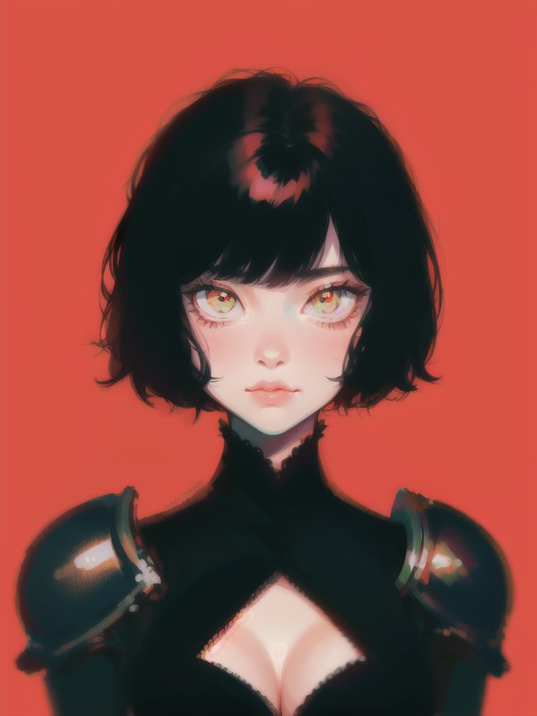 1girl, short hair, upper body, detailed face, simple background, red background, dress, cleavage, black armor