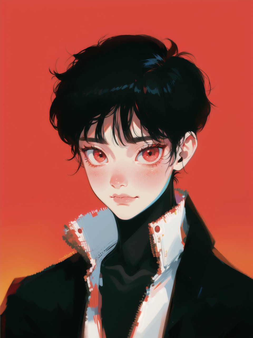 solo, 1boy, closeup, white shirt, black hair, 1990s \(style\), tr90style, simple background, red eyes, jacket, gradient background, vampire, blush, pale, sad