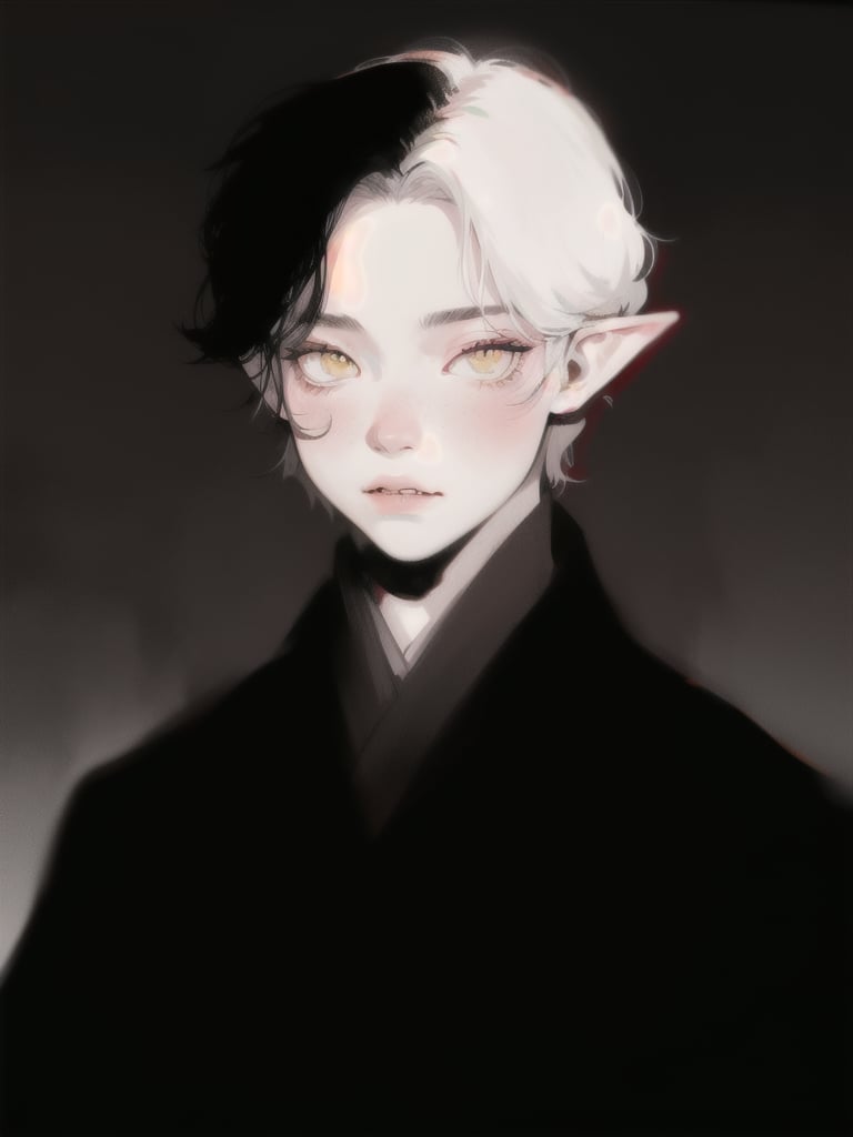 Emet Selch, 1boy, black shirt, bangs, black robe, looking at viewer, male focus, parted bangs, full lips, pale, blush portrait, robe, short hair, upper body, white hair, yellow eyes, dynamic angle, dynamic pose, hades, dark theme, soothing tones, muted colors, elf ears, high contrast, (natural skin texture, hyperrealism, soft light, sharp), exposure blend, medium shot, bokeh, (hdr:1.4), high contrast, (cinematic, black and grey:0.85), (muted colors, dim colors, soothing tones:1.3), low saturation, (hyperdetailed:1.2), (noir:0.7), warrior, dark forrest, big fangs, evil, serious, terrifying, beautiful, sinister, castlevania, (smooth:1.2), prince of darkness, gloomy, old portrait, vectorian vampire, lucifer, portrait painting