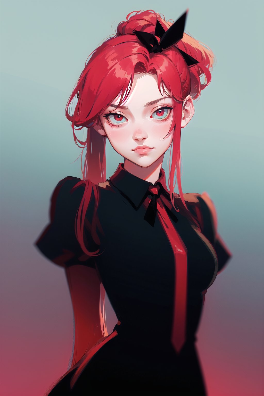 Victorian vampire, cute, (simple background:1.2), gradient background, red hair, tied hair, long hair, solo female, cowboy shot, skirt, collared shirt, victorian, ribbon, arms behind back, low ponytail,