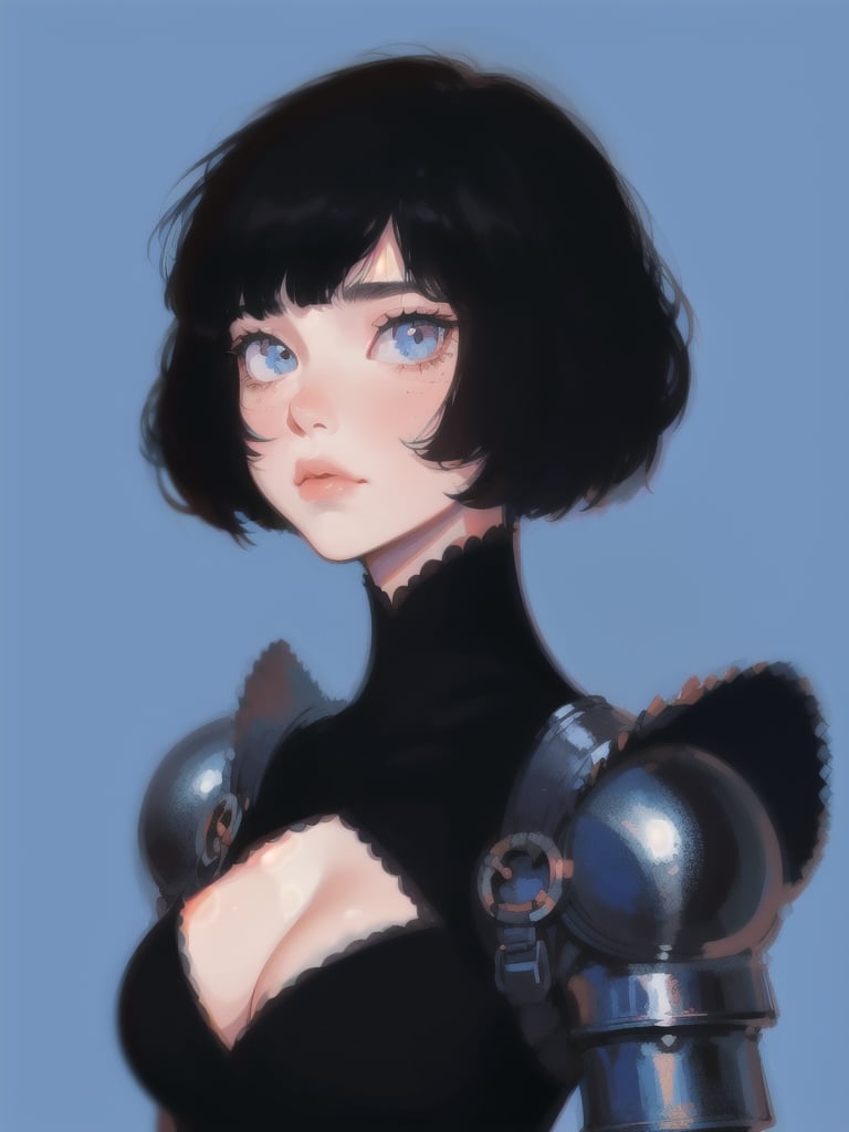 1girl, short hair, upper body, detailed face, simple background, blue background, dress, cleavage, black armor