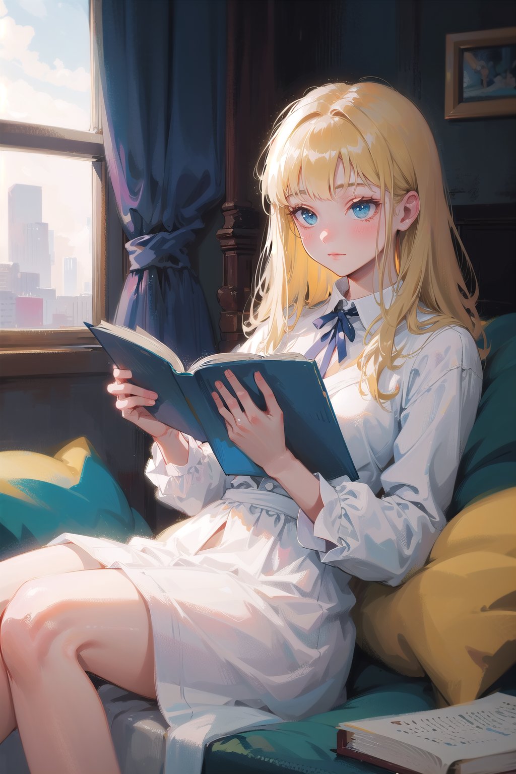 A blonde beauty is reading a book