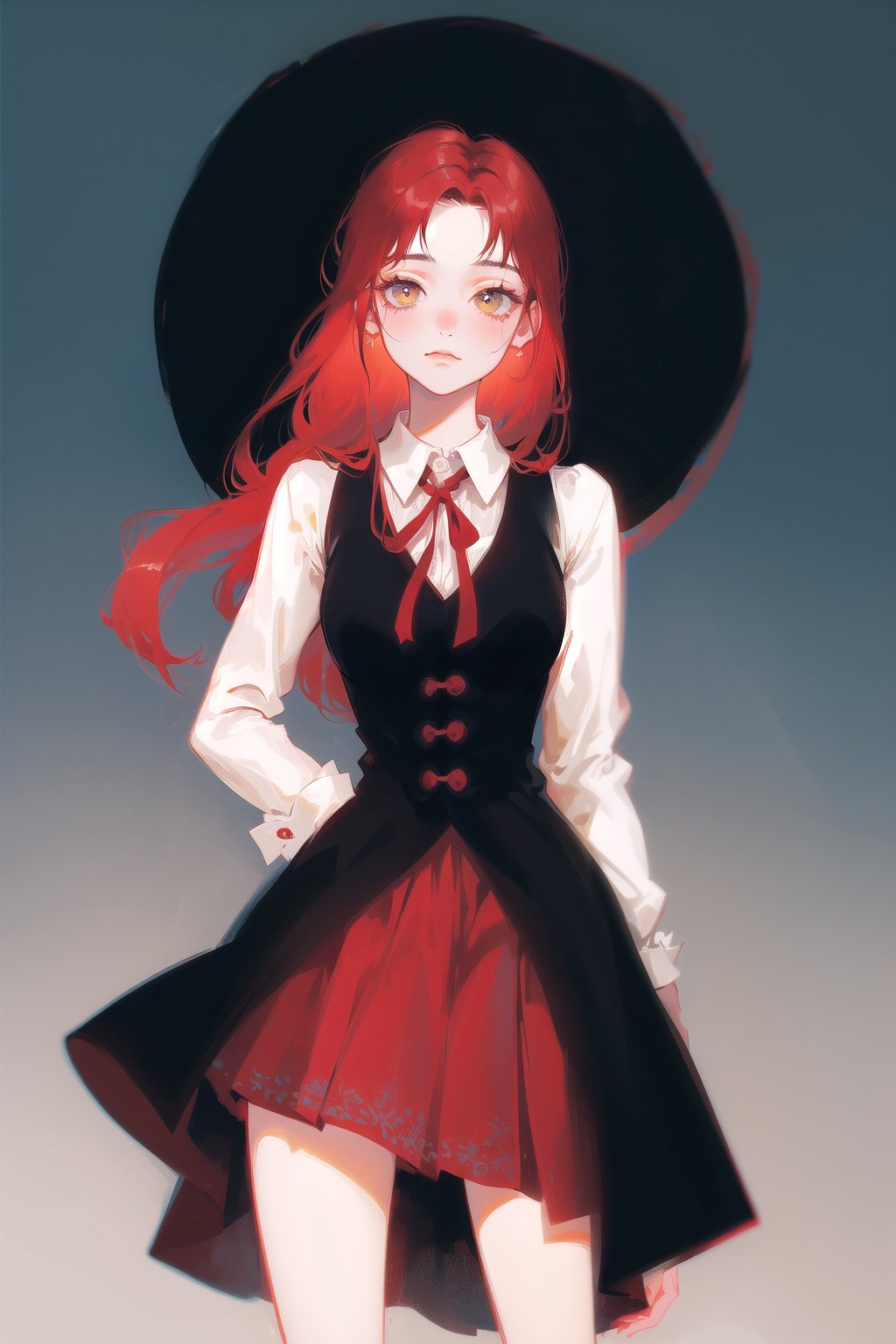 Victorian vampire, cute, (simple background:1.2), gradient background, red hair, tied hair, long hair, solo female, cowboy shot, skirt, collared shirt, victorian, ribbon