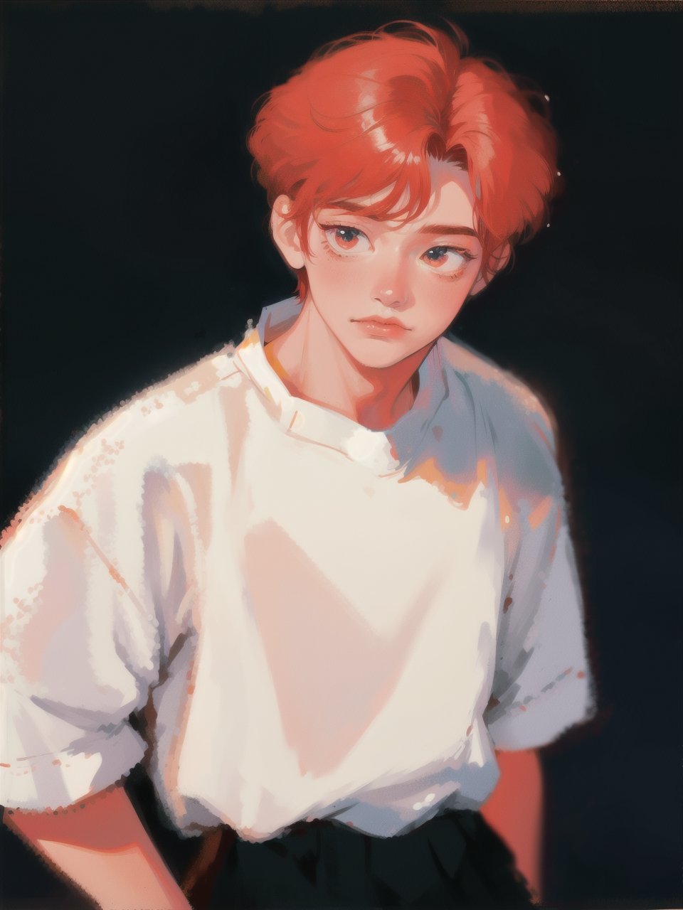 solo, 1boy, closeup, white shirt, ginger hair, 1990s \(style\), tr90style, simple background