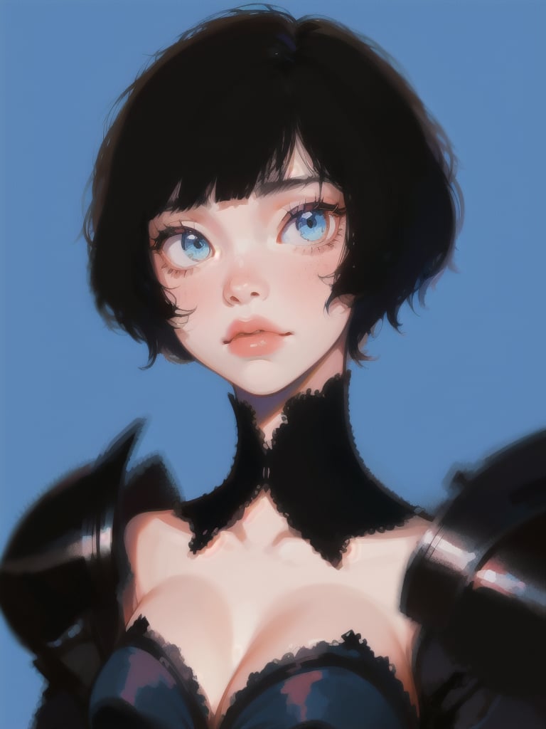 1girl, short hair, upper body, detailed face, simple background, blue background, dress, cleavage, black armor