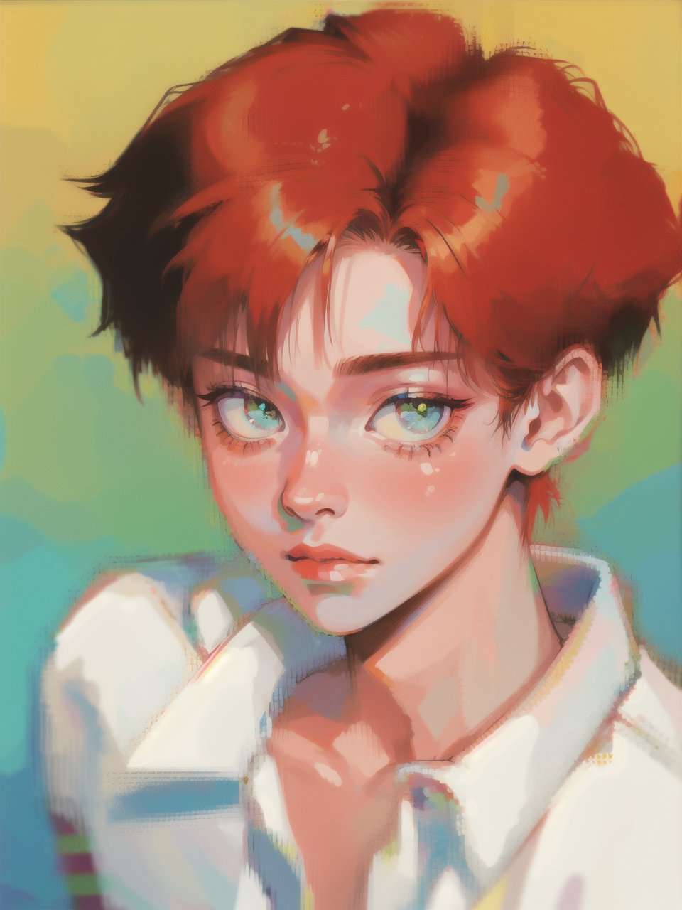 solo, 1boy, closeup, white shirt, ginger hair, 1990s \(style\), tr90style,