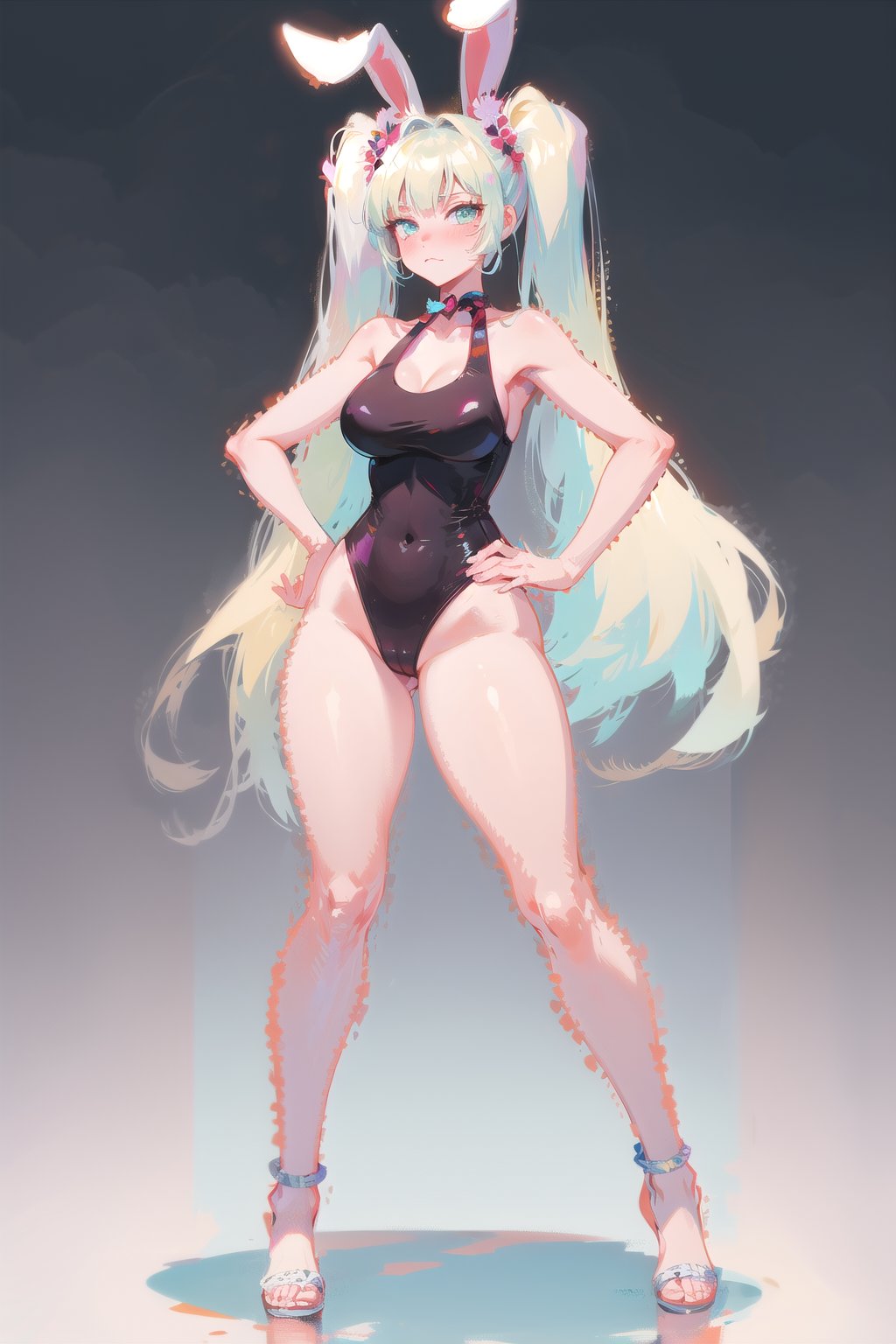 best quality, masterpiece, 1girl, big strong hips, bunny ears, (simple background:1.3), cute, curvy, one piece swimsuit, furry bunny ears, hips, full body, large breats, wide hips, clear skin, thick hips, clean, goddess, beauty, gradient background, simple background, solo, twintails, plae skin smug anime girl, marble floor, reflective floor, glossy