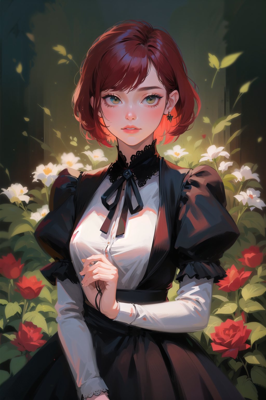 female, (masterpiece,  best quality,  ultra detailed,  absurdres)1.5, white shirt black dress neck ribbon, 1girl short hair, demonictech,  red hair,  bangs,  looking_at_viewer, garden, grass, roses and leaves,