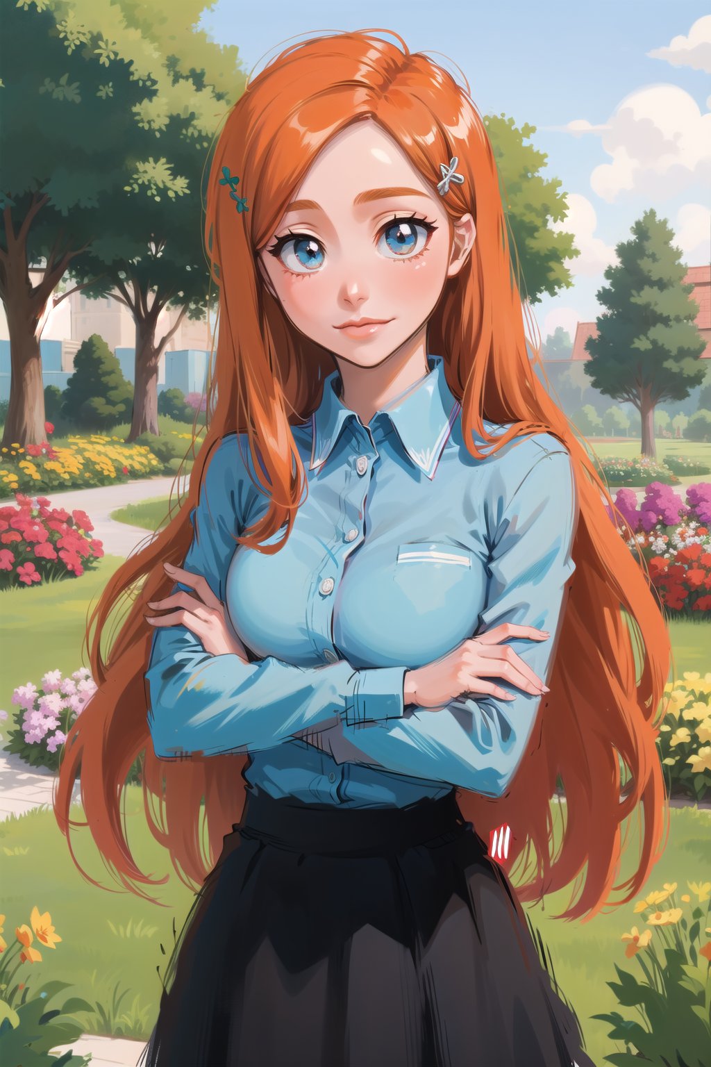 1girl, garden, beautiful, long hair, long skirt, collared shirt, cute, orihime, orange hair, ginger, large breasts, hair clip, hair ornament, crossed arms, cute, clear eyes, smile, looking at viewer, black skirt, cyan collared shirt,