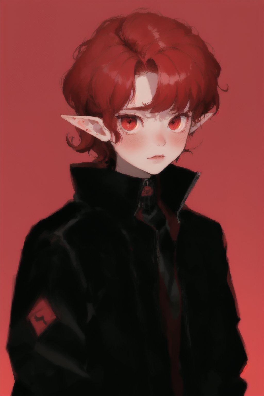 solo, 1boy, closeup, black open jacket, red hair, 1990s \(style\), tr90style, simple background, red eyes, jacket, gradient background, vampire, blush, pale, sad, cute, elf ears, flat-artstyle, highres, high quality,