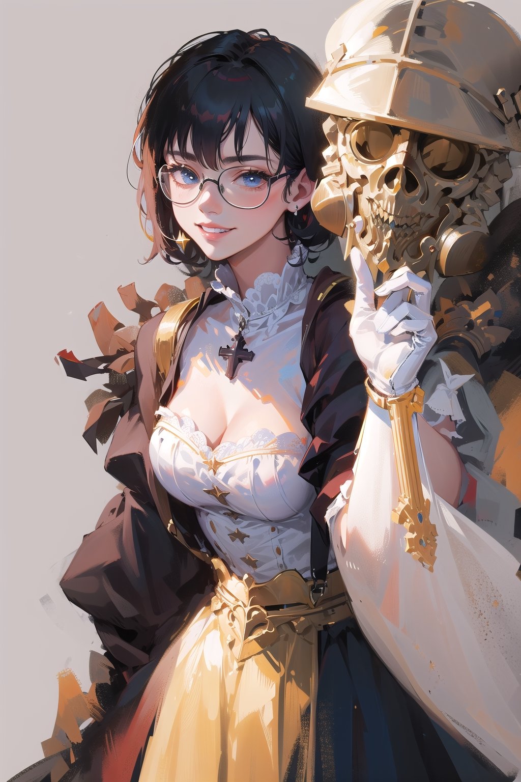 best quality, masterpiece, high definition, high resolution, 1girl, detailed face, extremely detailed, slender torso, big lips, (crusader), big breasts, skindentation, glasses, simple background, (masterpiece), (best quality:1.2), black hair , detailed face, detailed eyes, serious look, suspenders, gloves, crusader, 1500s, victorian, long_skirt, wide hips, simple background, grin, blonde, sword