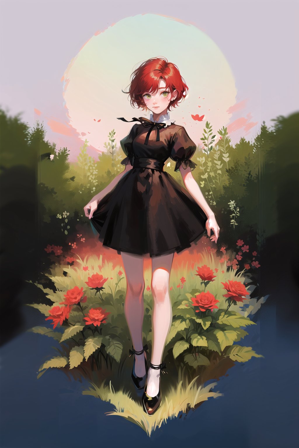 female, (masterpiece,  best quality,  ultra detailed,  absurdres)1.5, white shirt black dress neck ribbon, 1girl short hair, (simple background:.12),  red hair,  bangs,  looking_at_viewer, garden, grass, roses and leaves, gradient background, full body