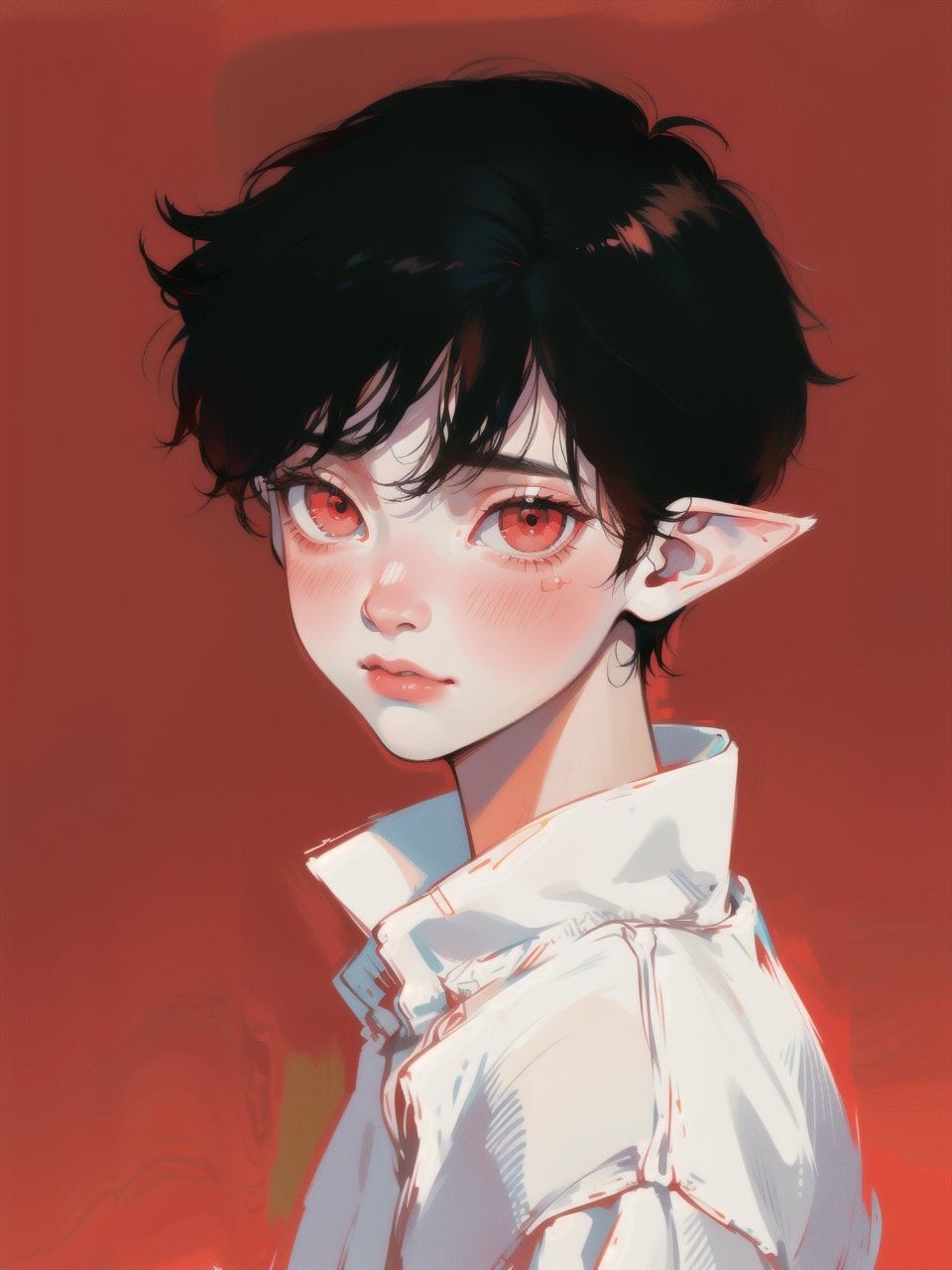 solo, 1boy, closeup, white shirt, black hair, 1990s \(style\), tr90style, simple background, red eyes, jacket, gradient background, vampire, blush, pale, sad, cute, elf ears,