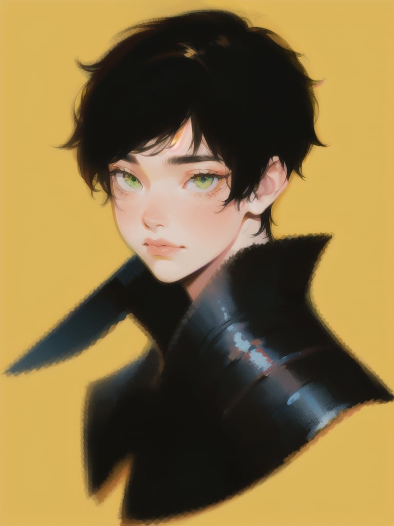 1boy, short hair, upper body, detailed face, simple background, razor cut hair, yellow background, green eyes, black armor