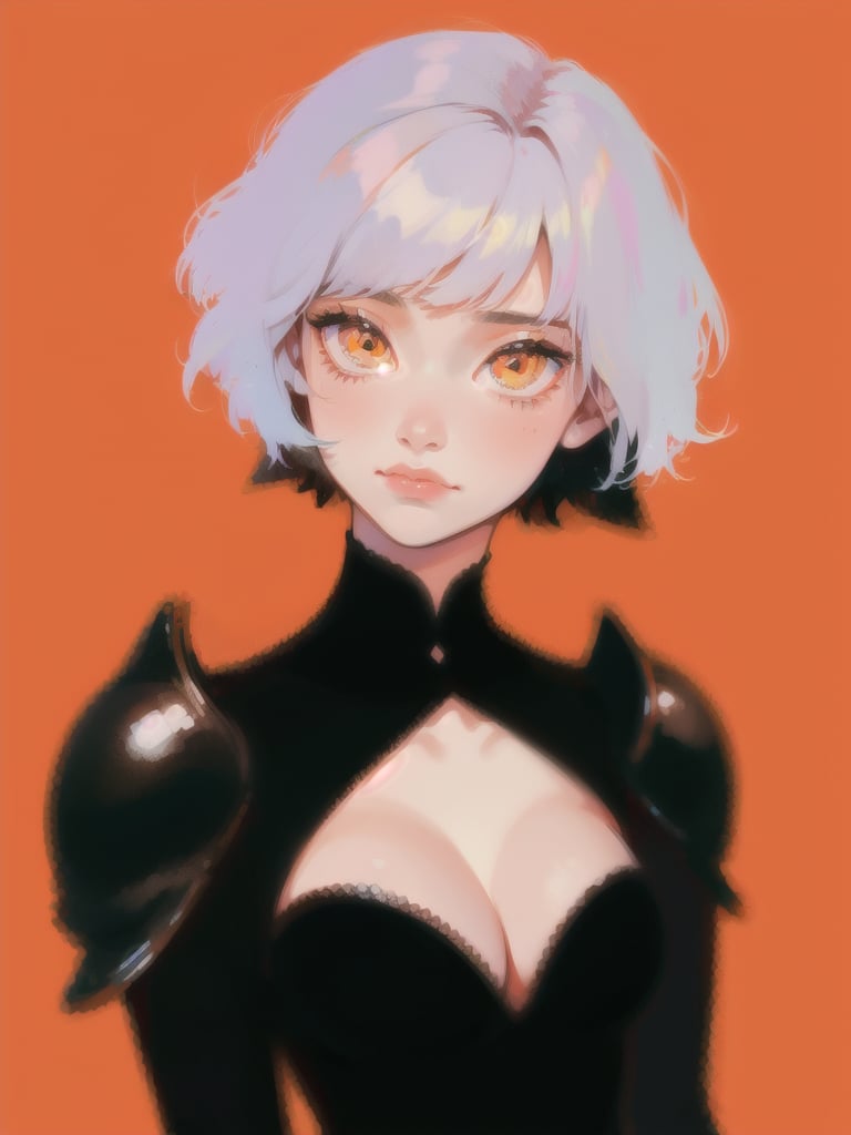 1girl, short hair, upper body, detailed face, simple background, orange background, dress, cleavage, black armor