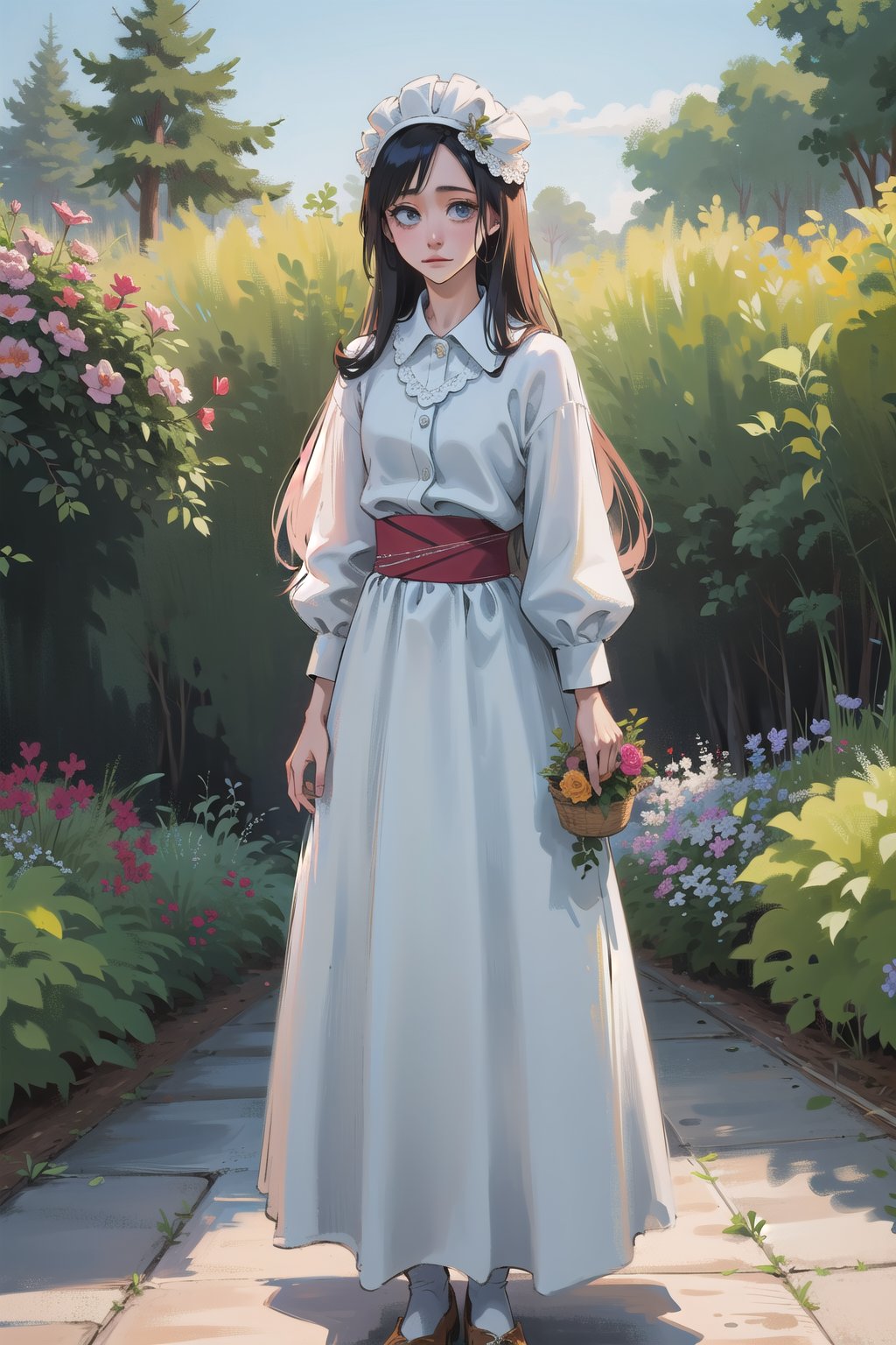 1girl, garden, beautiful, long hair, long skirt, white collare shirt, cute