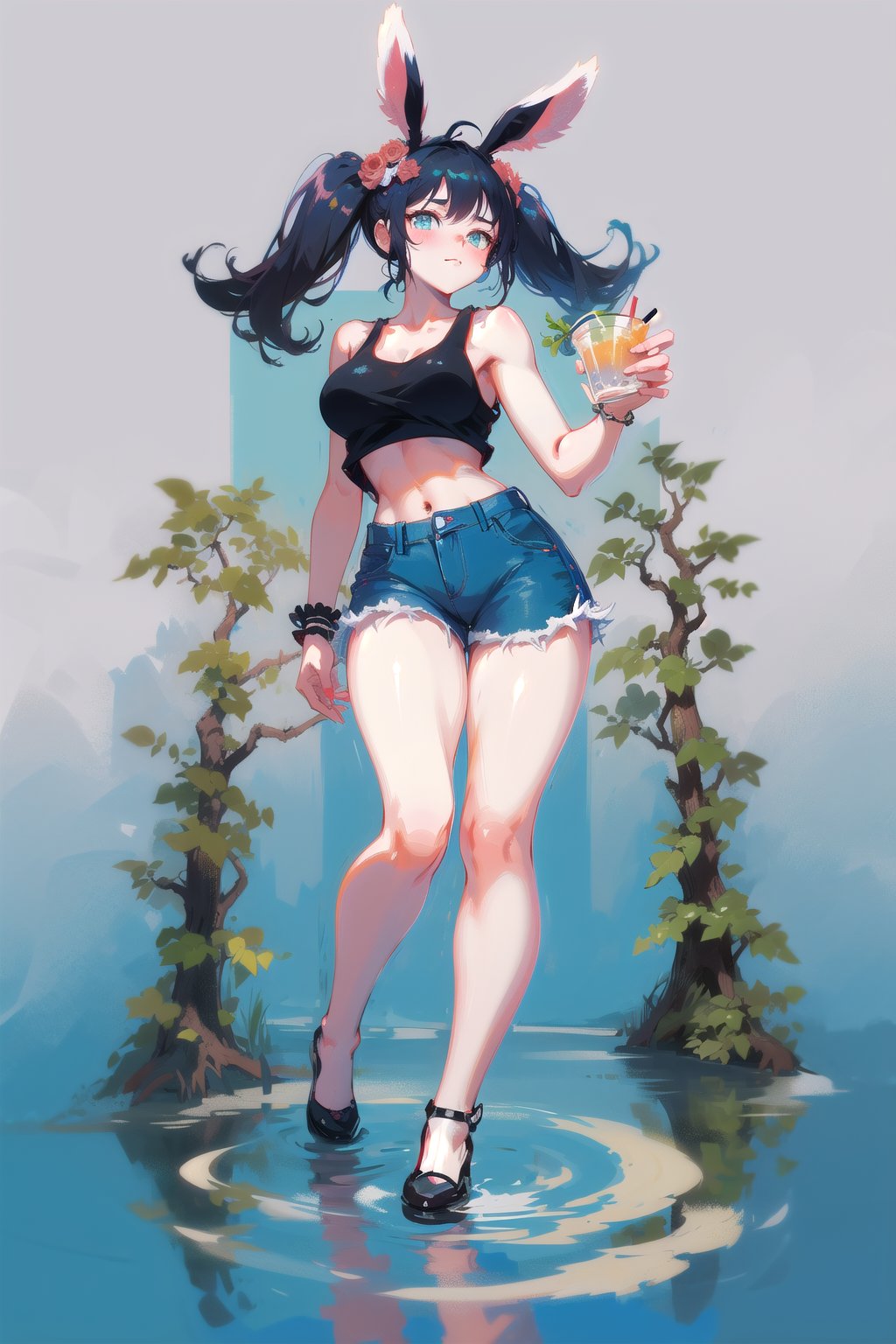 best quality, masterpiece, 1girl, big strong hips, bunny ears, (simple background:1.3), cute, curvy, white tanktop crop top and blue shorts, furry bunny ears, hips, full body, large breats, wide hips, clear skin, thick hips, clean, goddess, beauty, gradient background, simple background, solo, twintails, plae skin smug anime girl, garden floor, rose patterns, leaves patterns, holding cocktail drink, in a garden, roses and leaf patterns, grass, standing in a garden, pond, stone  water, wading, red moon, full moon, pokemon, wearing blue swim short and white tanktop, sleevless, black bracelets