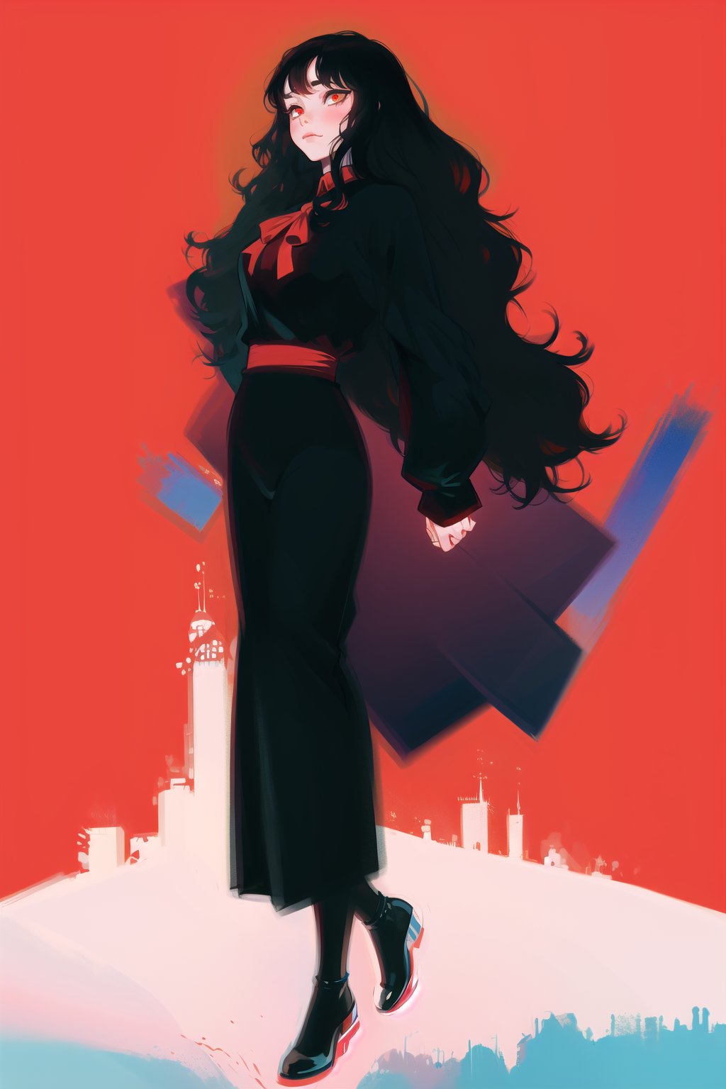 long black shiny hair,  ((wavy hair)),  red eyes,  1girl,  teenager,  city,  red and black clothes,  ribbon in hair,  full body