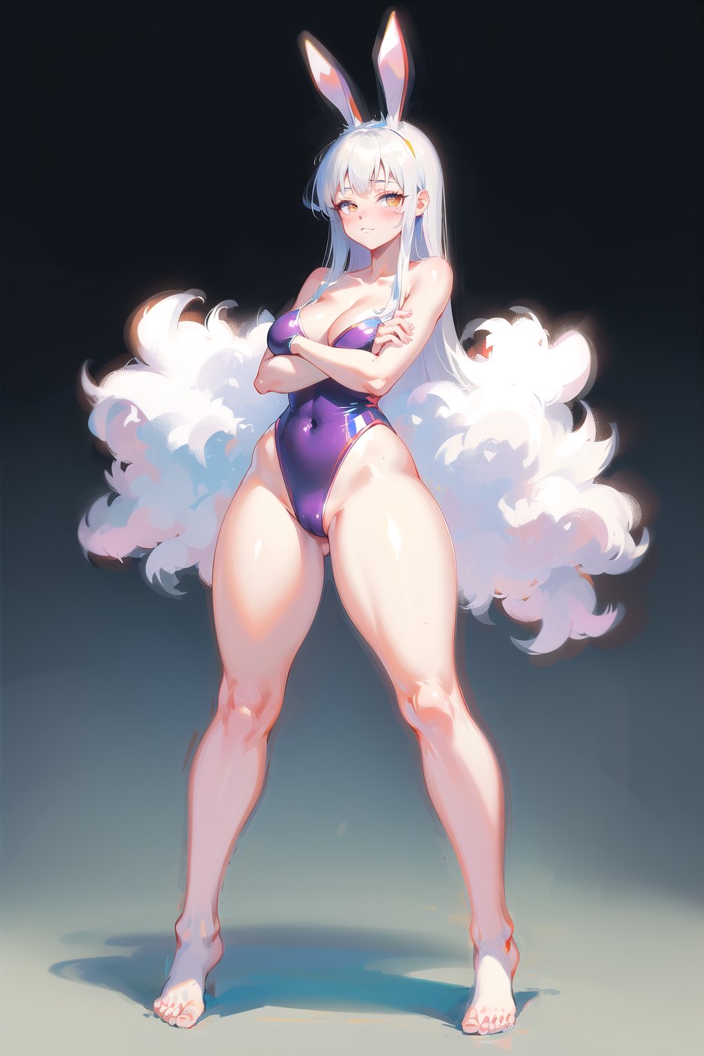 best quality, masterpiece, 1girl, big strong hips, bunny ears, (simple background:1.3), cute, cool, one piece swimsuit, furry bunny ears, hips, full body, large breats, wide hips, clear skin, thick hips, clean, goddess, plus size, beauty, sexy, breast squeeze, crossed arms, gradient background