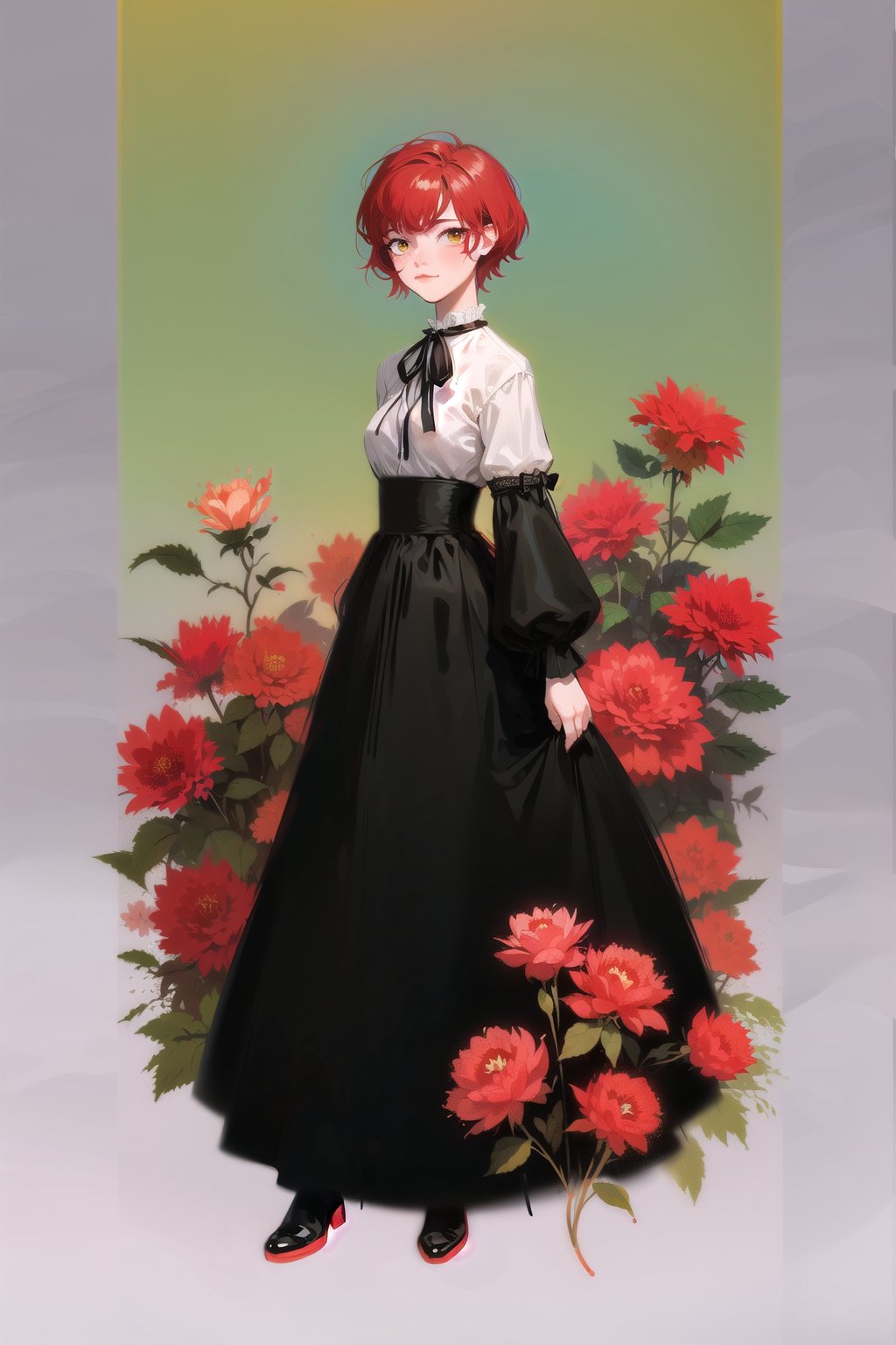 female, (masterpiece,  best quality,  ultra detailed,  absurdres)1.5, white shirt black dress neck ribbon, 1girl short hair, (simple background:.12),  red hair,  bangs,  looking_at_viewer, garden, grass, roses and leaves, gradient background, full body