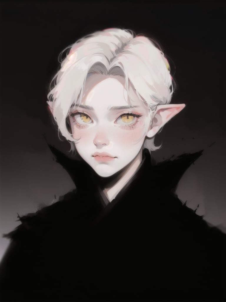 Emet Selch, 1boy, black shirt, bangs, black robe, looking at viewer, male focus, parted bangs, full lips, pale, blush portrait, robe, short hair, upper body, white hair, yellow eyes, dynamic angle, dynamic pose, hades, dark theme, soothing tones, muted colors, elf ears, high contrast, (natural skin texture, hyperrealism, soft light, sharp), exposure blend, medium shot, bokeh, (hdr:1.4), high contrast, (cinematic, black and grey:0.85), (muted colors, dim colors, soothing tones:1.3), low saturation, (hyperdetailed:1.2), (noir:0.7), warrior, dark forrest, big fangs, evil, serious, terrifying, beautiful, sinister, castlevania, (smooth:1.2), prince of darkness, gloomy, old portrait, vectorian vampire, lucifer, portrait painting