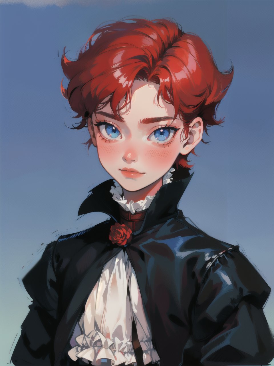 solo, 1boy, closeup, red hair, 1990s \(style\), tr90style, simple background, blue eyes, victorian, gradient background, vampire, blush, pale, sad, cute, prince, flat-artstyle, highres, high quality, masterpiece, subsurface scattering, full body, male focus, 