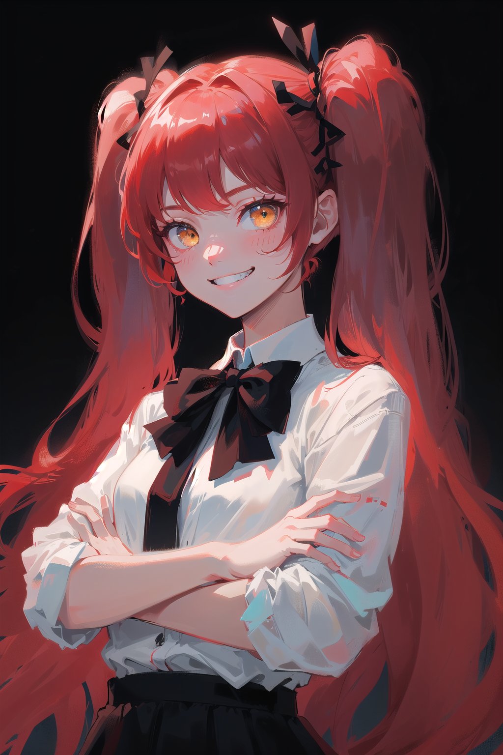 1girl,  solo,  long hair,  looking at viewer,  grin,  simple background,  twintails,  (red hair:1.3),  black_hair_tie,  bow hair tie,  (solo:1.2),  (black_background:1.2),  crossed arms, yellow eyes, ribbon tie, glossy, saturated, contrast, strong colors, (simple background:1.2), gradient background, black skirt, white collared shirt, dramatic lighting