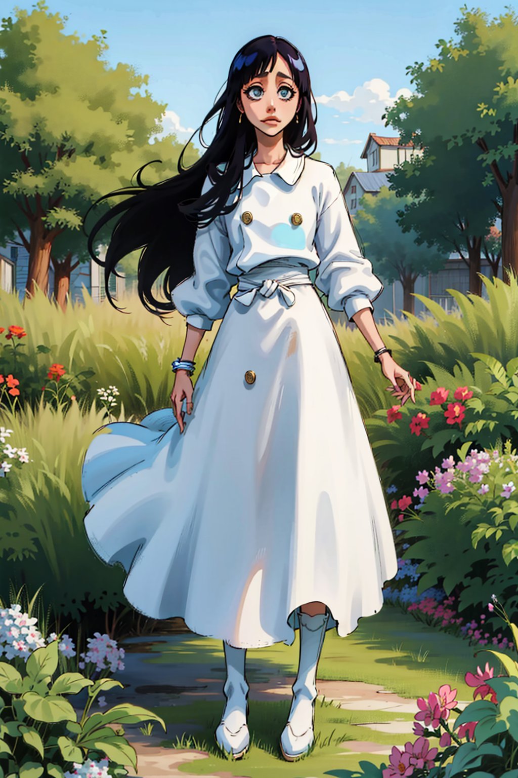 1girl, garden, beautiful, long hair, long skirt, white collare shirt, cute