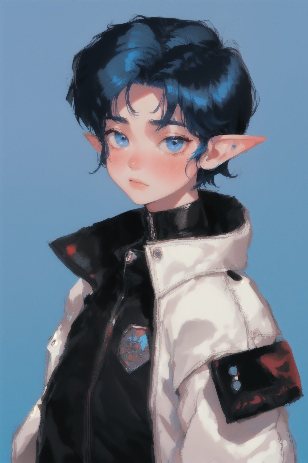 solo, 1boy, closeup, black open jacket, blue hair, 1990s \(style\), tr90style, simple background, blue eyes, gradient background, blush, pale, cute, elf ears, flat-artstyle, highres, high quality, portrait, white shirt, leather jacket