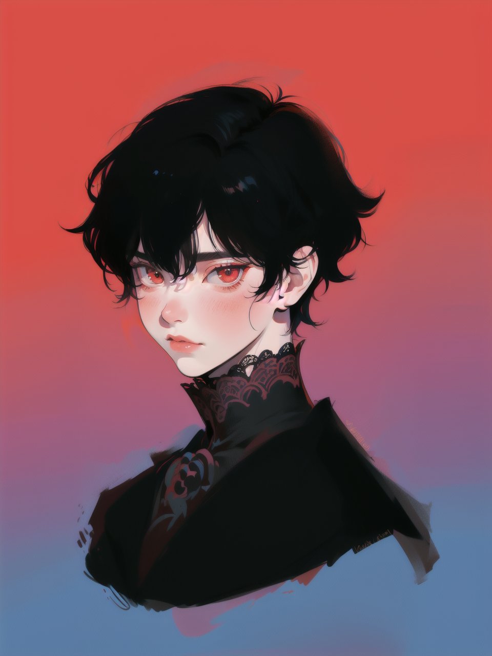 solo, 1boy, closeup, black hair, 1990s \(style\), tr90style, simple background, red eyes, victorian, gradient background, vampire, blush, pale, sad, cute, prince, flat-artstyle, highres, high quality, masterpiece, subsurface scattering, upper body, male focus, 