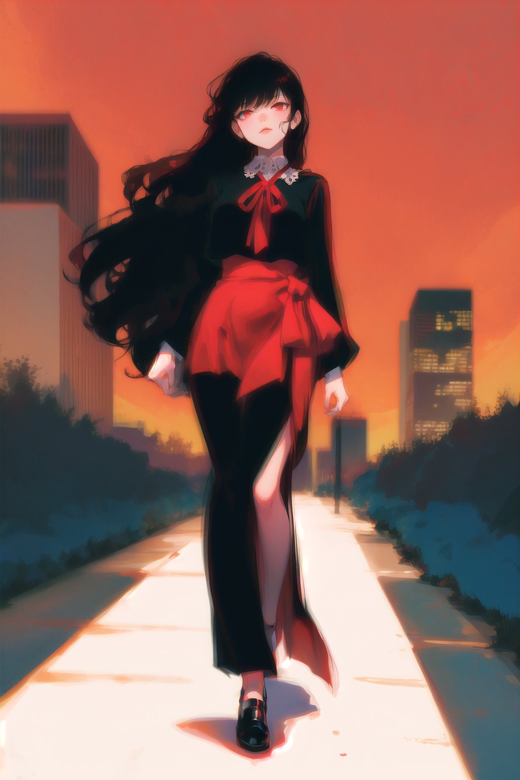 long black shiny hair,  ((wavy hair)),  red eyes,  1girl,  teenager,  city,  red and black clothes,  ribbon in hair,  full body