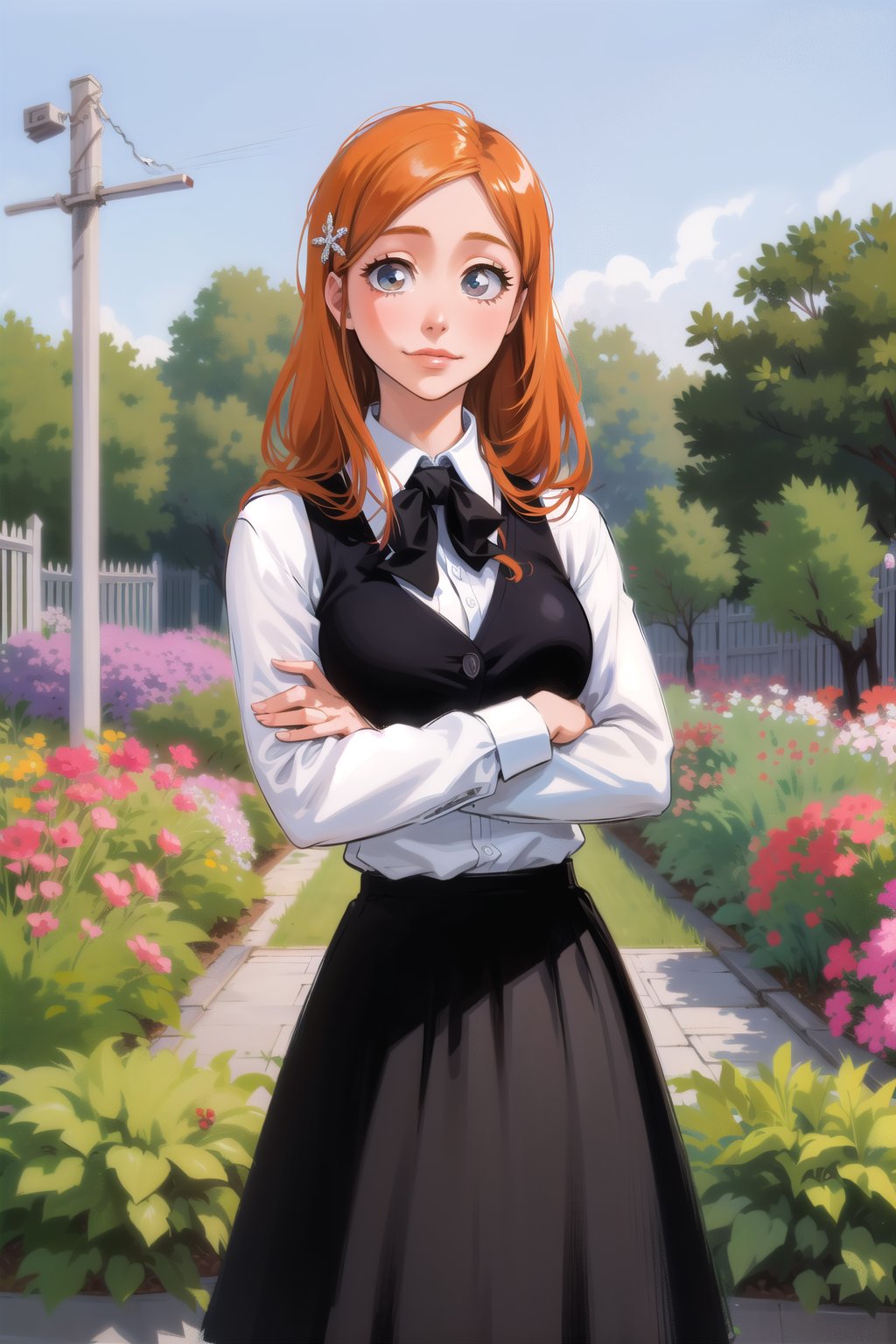 1girl, garden, beautiful, long hair, long skirt, collared shirt, cute, orihime, orange hair, ginger, large breasts, hair clip, hair ornament, crossed arms, cute, clear eyes, smile, looking at viewer, black skirt, cyan collared shirt,