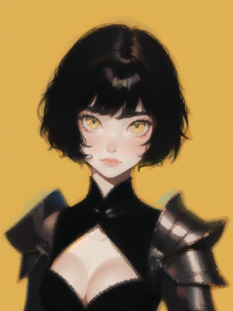 1girl, short hair, upper body, detailed face, simple background, yellow background, dress, cleavage, black armor