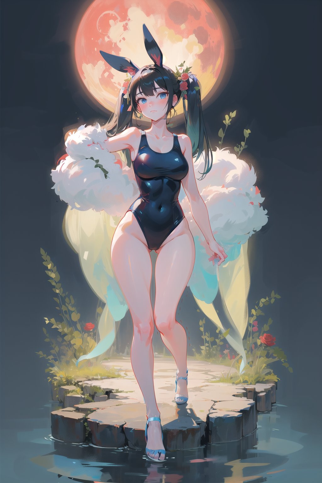 best quality, masterpiece, 1girl, big strong hips, bunny ears, (simple background:1.3), cute, curvy, one piece swimsuit, furry bunny ears, hips, full body, large breats, wide hips, clear skin, thick hips, clean, goddess, beauty, gradient background, simple background, solo, twintails, plae skin smug anime girl, garden floor, rose patterns, leaves patterns, holding cocktail drink, in a garden, roses and leaf patterns, grass, standing in a garden, pond, stone  water, wading, red moon, full moon, pokemon, blue short, white tanktop,