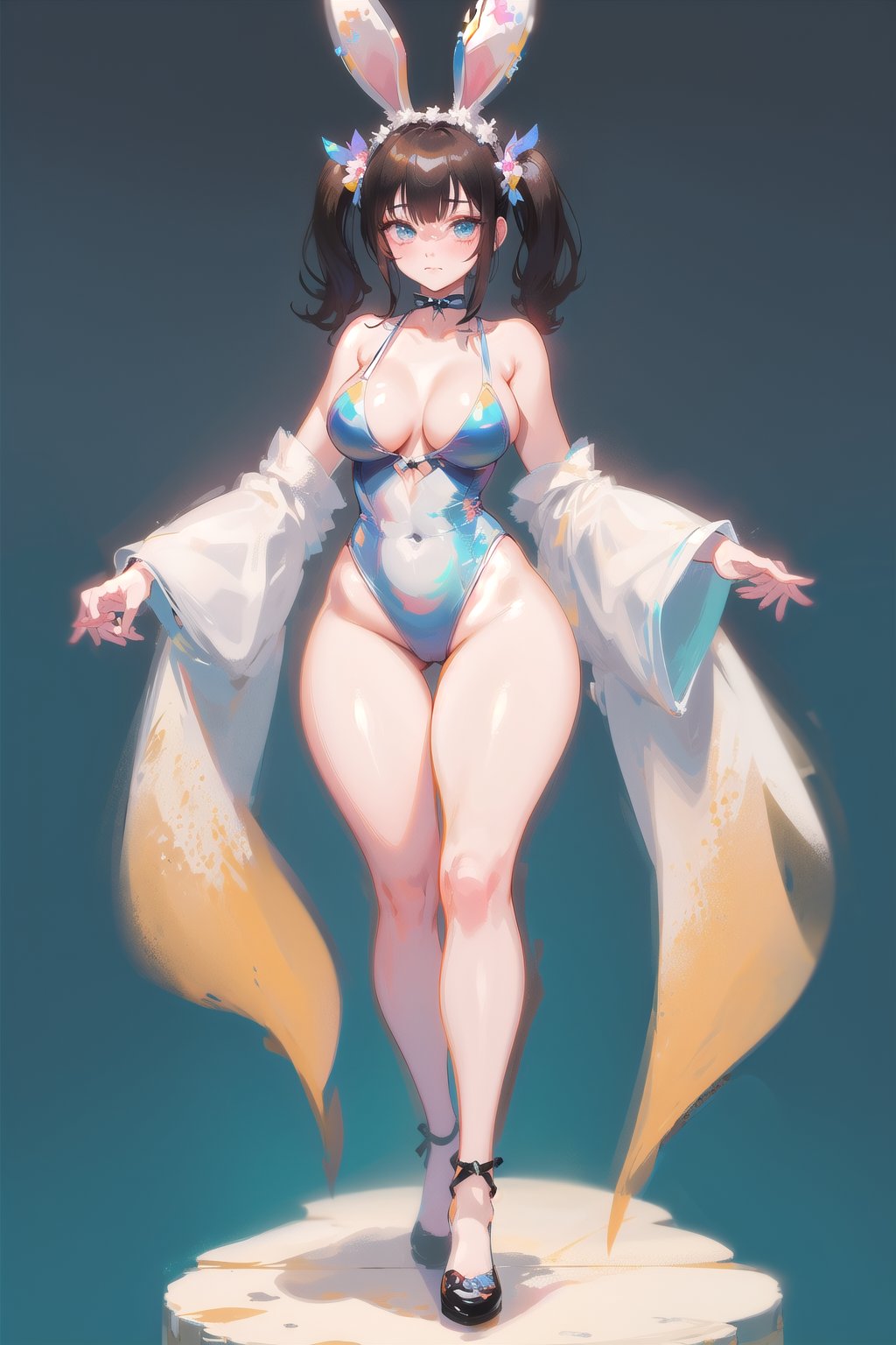 best quality, masterpiece, 1girl, big strong hips, bunny ears, (simple background:1.3), cute, curvy, one piece swimsuit, furry bunny ears, hips, full body, large breats, wide hips, clear skin, thick hips, clean, goddess, beauty, gradient background, simple background, solo, twintails, plae skin smug anime girl, marble floor, reflective floor, glossy