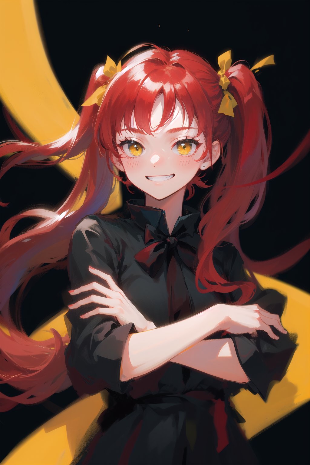 1girl,  solo,  long hair,  looking at viewer,  grin,  simple background,  twintails,  (red hair:1.1),  black_hair_tie,  bow hair tie,  (solo:1.2),  (black_background:1.3),  crossed arms, yellow, black ribbon,