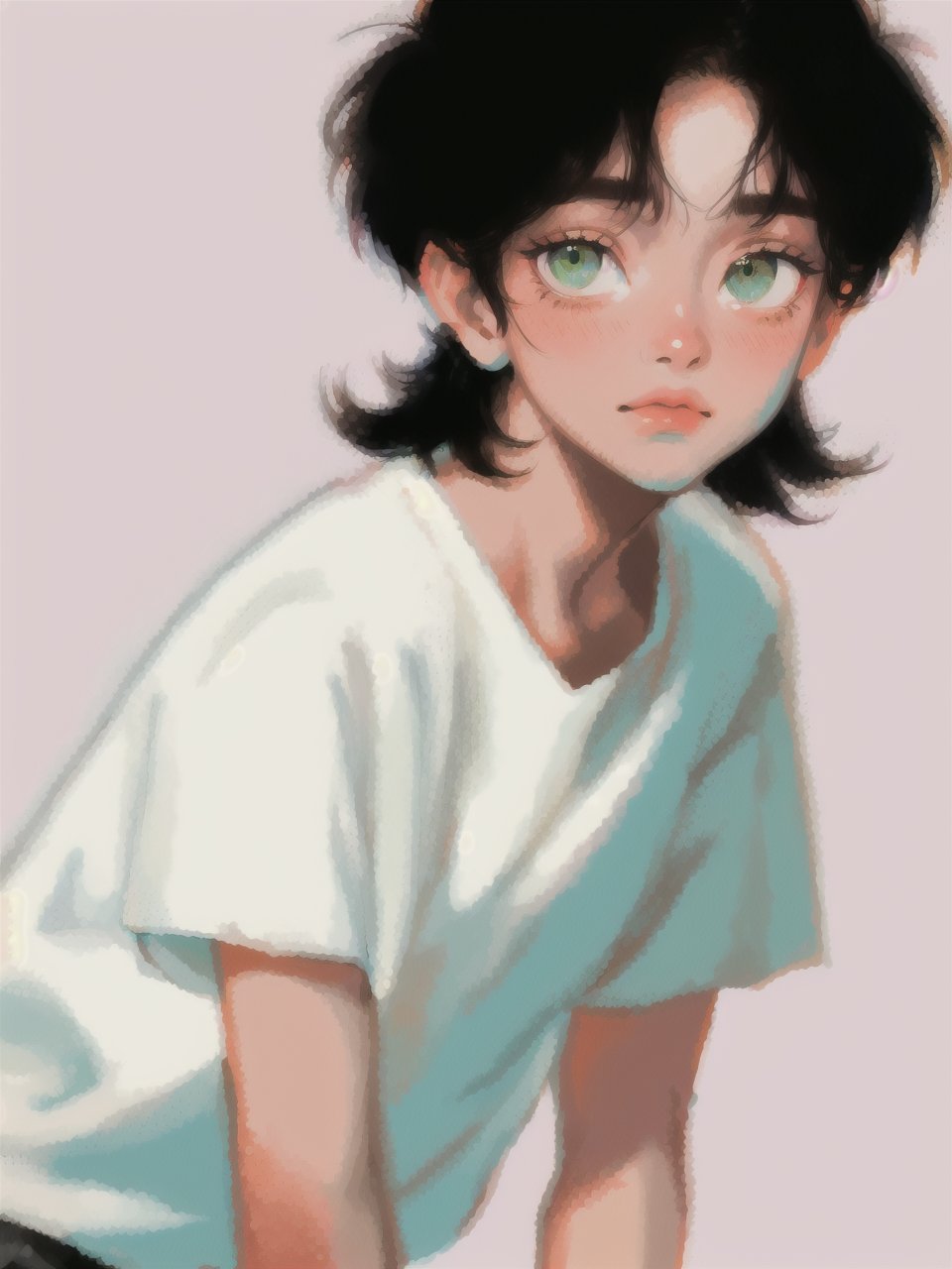 solo, 1boy, closeup, white t-shirt, black hair, 1990s \(style\), tr90style, simple background, green eyes, simple t-shirt,