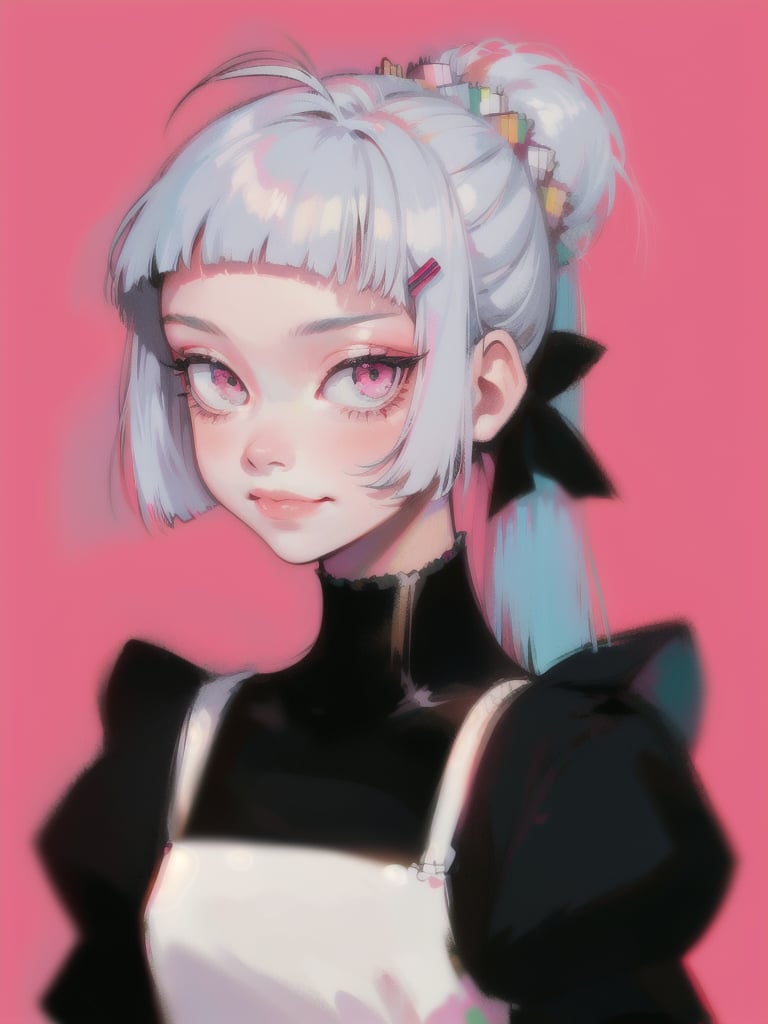 1girl, solo, slender, silver hair, multicolored hair, long hair, flipped hair, folded ponytail, blunt bangs, antenna hair, pink eyes, smirk, boyish clothes, maid, hairclip