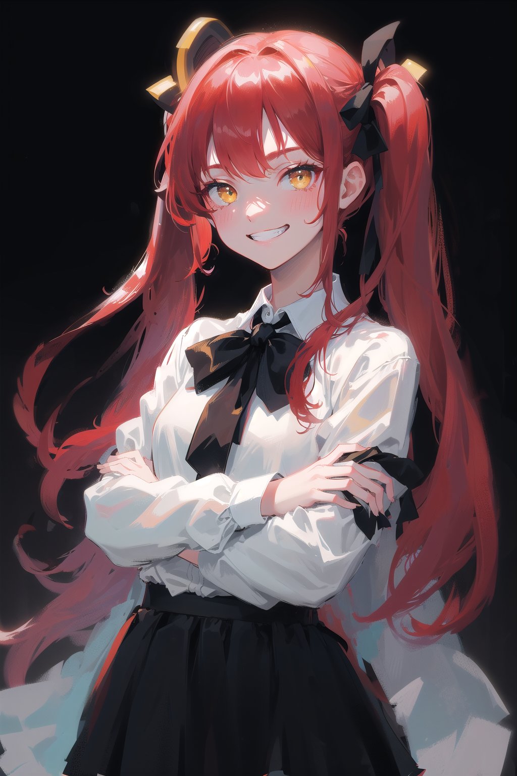 1girl,  solo,  long hair,  looking at viewer,  grin,  simple background,  twintails,  (red hair:1.1),  black_hair_tie,  bow hair tie,  (solo:1.2),  (black_background:1.2),  crossed arms, yellow eyes, black ribbon, glossy, saturated, contrast, strong colors, (simple background:1.2), gradient background, black skirt, white collared shirt